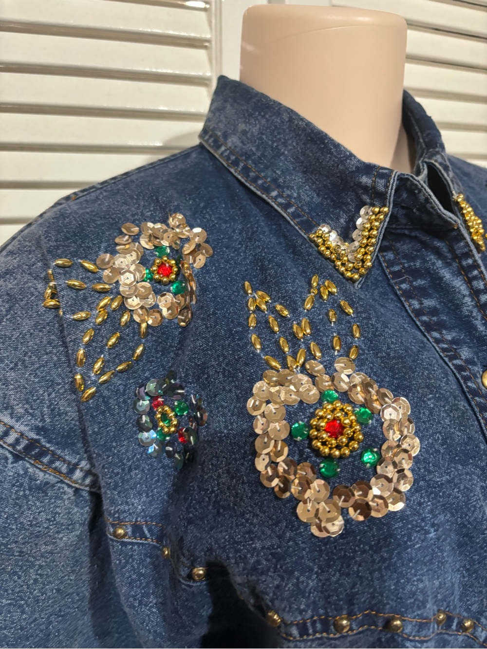 Beaded Embroidered Denim Shirt-Skirt in Blue - Picture 3 of 8